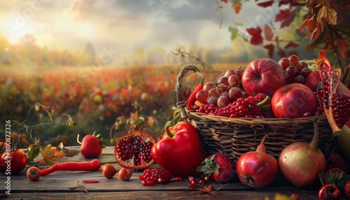 Thansgiving agriculture harvest banner apsicum, tomato, beetroot, strawberry, raspberry ,red corn Red grapes, red pomegranate, red bell pepper, red apple, lychee, watermelon photo