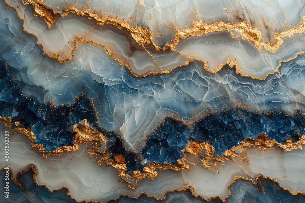 Abstract Blue and Gold Marble Texture Background, Blue clouds with gold veins. Created with Ai