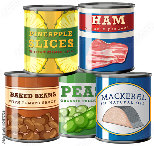 Colorful vector illustration of various canned goods