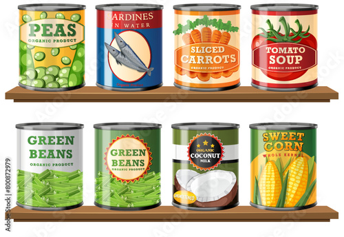 Colorful canned goods including vegetables and fish.