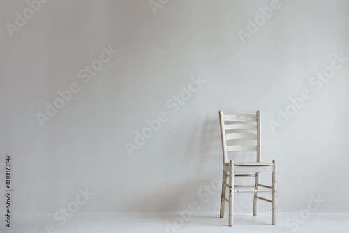 A minimalistic ladderback chair against a pure white surface.