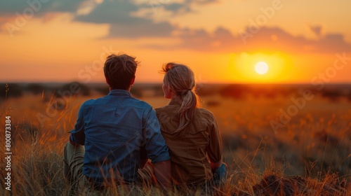 couple on wildlife sitting safari in the afternoon looking at the sunset