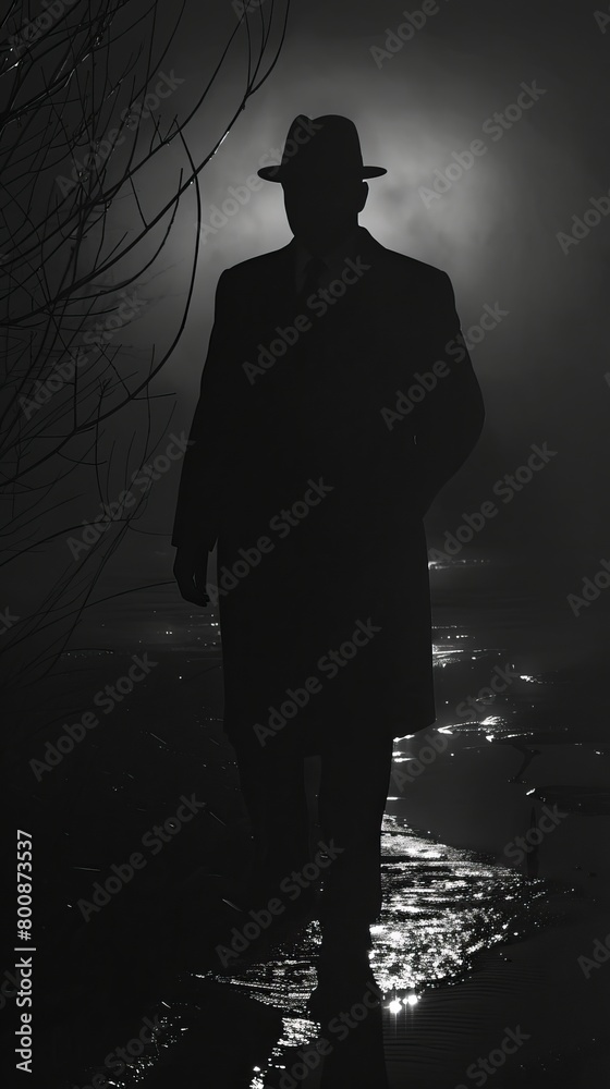 Silhouetted man with a hat stands overlooking a city at night, exuding a sense of mystery and contemplation