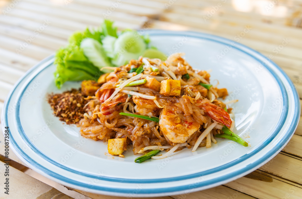 Pad Thai stir fried rice noodles with shrimp, Thai style noodles food, pad Thai.
