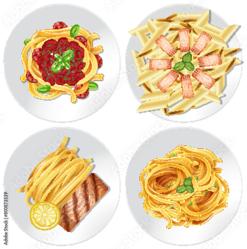 Four different pasta dishes illustrated in circles.