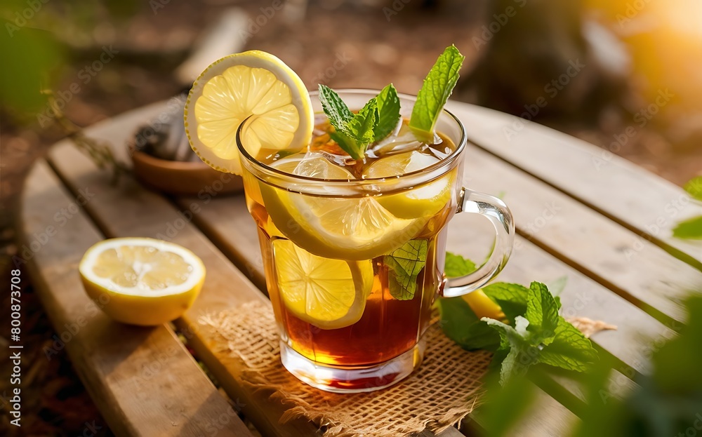 Glass of iced tea with lemon and mint on wooden table Glass of iced tea with lemon and mint on wooden table