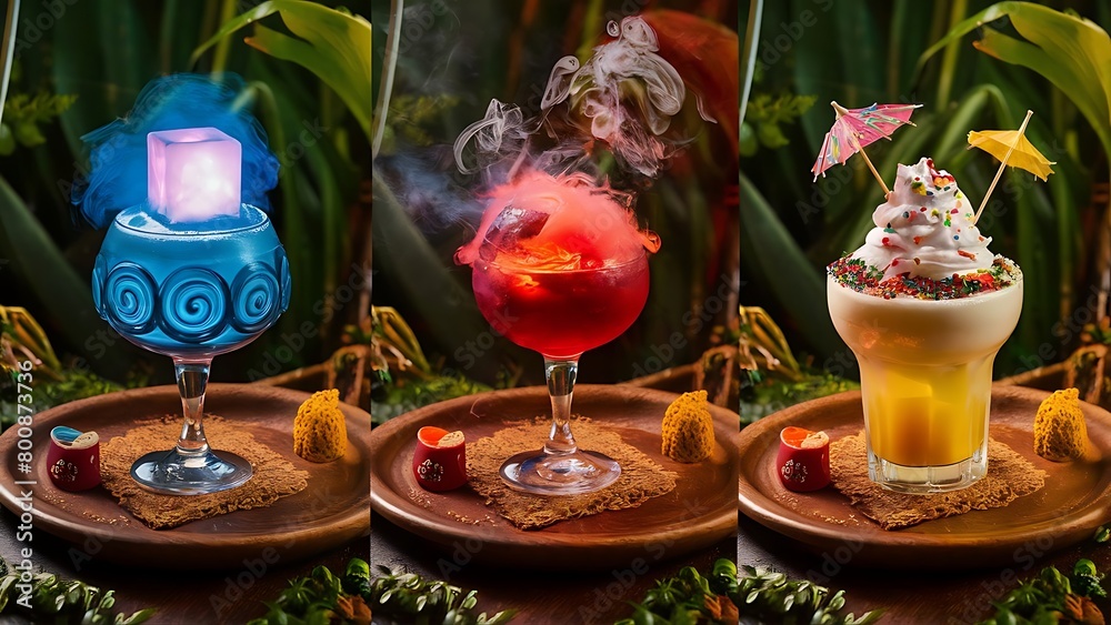 Fototapeta premium Tasty and colorful drinks based on various alcohols syrups and liqueurs unique effect of the bartender s work party night