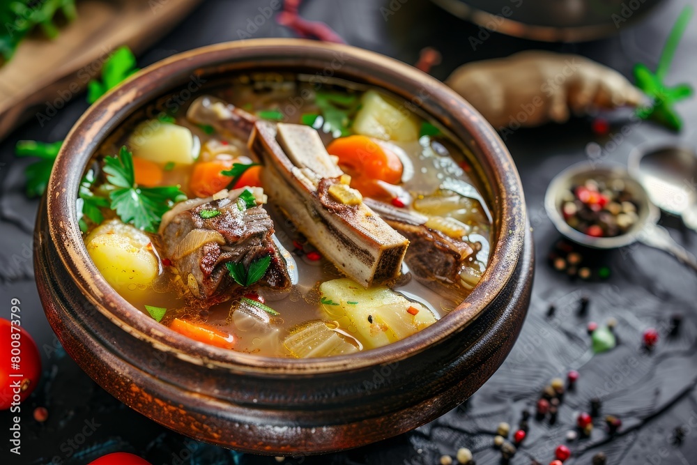 Homemade vegetable and beef stew in rustic bowl focused with blank space Homemade vegetable and beef stew in rustic bowl focused with blank space