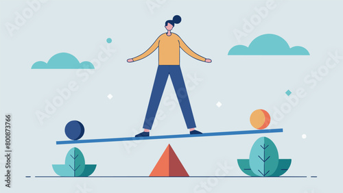 A person standing on a balance beam with one side labeled essentials and the other side labeled luxuries trying to maintain balance.