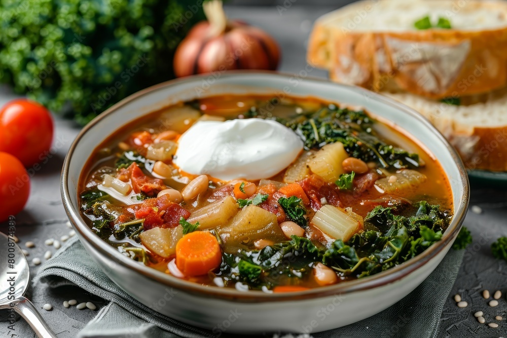 Homemade Tuscan kale soup with vegetables bacon sour cream and bread Vertical image