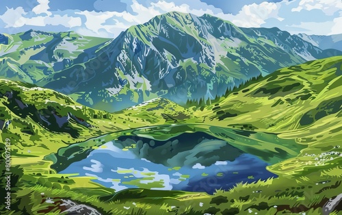 A vibrant vector depiction of a serene mountain lake scene amidst lush greenery, reflecting a calm and refreshing outdoor spirit © Psychologist