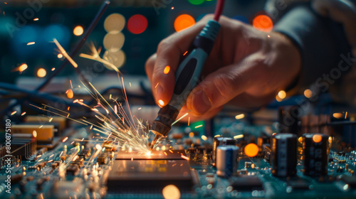 Precision work as a professional uses a soldering tool on an electronic circuit board with sparks. photo