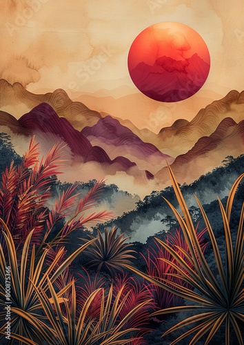 Opulent Art Deco Sunrise: Radiant Red Sun, Maroon Mountains, Ornamental Grasses photo