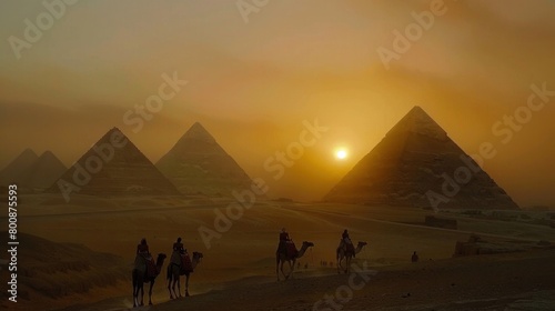 The sun sets behind the Great Pyramids of Giza. It creates a beautiful and breathtaking scenery for tourists passing by on camels.