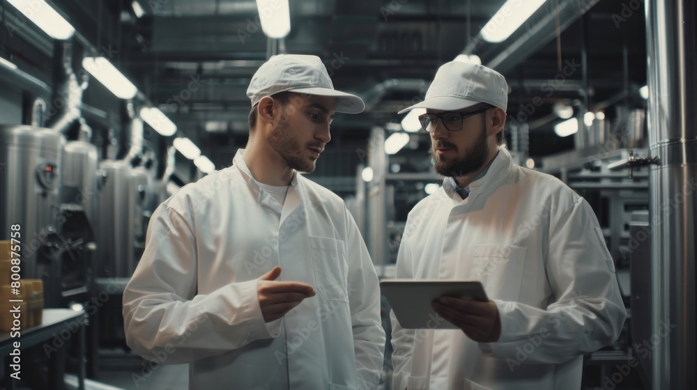 Two food factory workers discuss work-related matters. Use a tablet computer for work. They wore white surgical caps and work overalls. Two food factory workers discuss work-related matters. Use a tablet computer for work. They wore white surgical caps and work overalls.