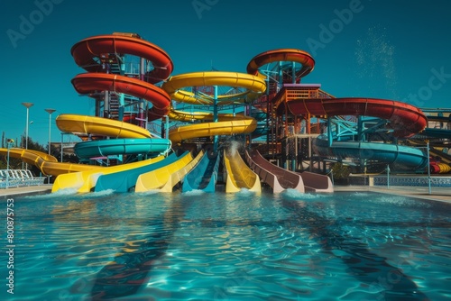 Thrilling aqua park adventure with slides, pools, and splashes. photo