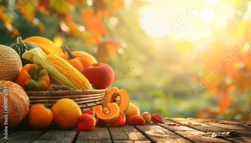 Thansgiving agriculture harvest banner Pumpkins ,corn,yellow sweet pepper,Ripe papaya, ripe mango, cantaloupe on the in a basket put on dark brown wooden floor, with defocused landscape 