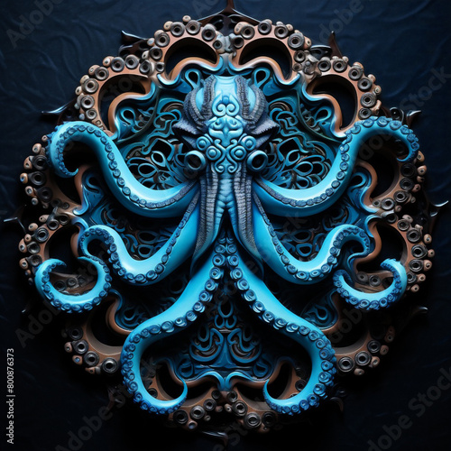 Bright Colorful Octopus on Dark Background. Blue Octopus on Dark Blue Background. Symbol of Sea Monster. International Octopus Day.