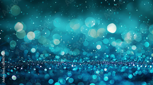 Glowing Aquamarine Optical Bokeh Lights, Glitter and Sparkle Dust on Abstract Background, HD Quality