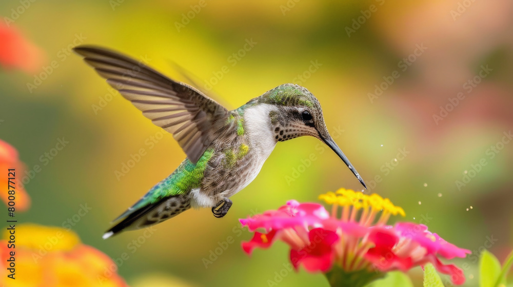 Fototapeta premium A hummingbird in flight, hovering above colorful flowers with wings outstretched, in a vibrant garden setting.