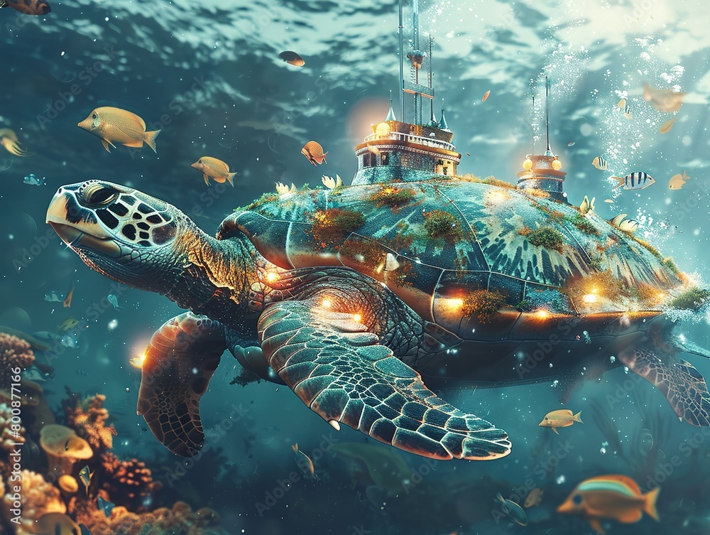 Obraz premium Adventure submarine birthday card mockup, A digital illustration of a majestic sea turtle merged with a futuristic underwater cityscape, surrounded by fish.
