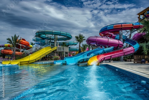 Thrilling aqua park adventure with slides, pools, and splashes. photo