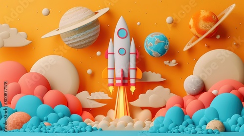 Adventurous kids space birthday card mockup, A vibrant, playful paper art scene of a rocket launching towards a stylized representation of the solar system.