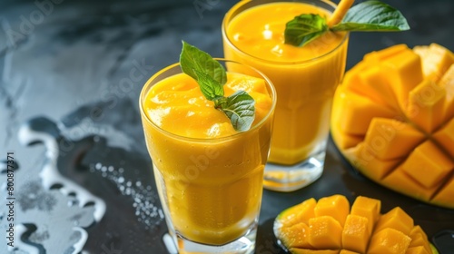 mango juice with mango slices isolated on black background