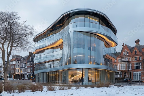 Vibrant Urban Cityscape  Angular Glass Facade Architecture Reflection