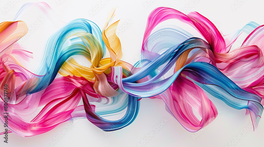 Radiant ribbons of pink, cerulean, and chartreuse swirling elegantly on a clean white surface.