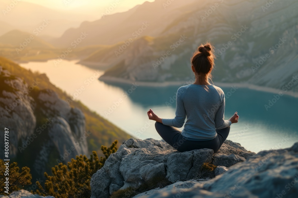 A young woman sits on the edge of a high cliff meditating against the backdrop of sunset rays and a river landscape. The concept of mental health, inner harmony and spiritual awakening.
