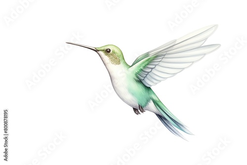 A watercolor painting of a hummingbird with vibrant feathers hovering in mid-air.