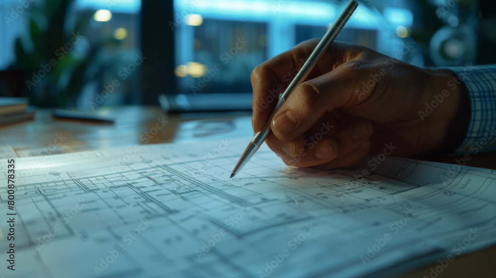 An engineer's hands busily working on construction blueprints with dim office lighting. An engineer's hands busily working on construction blueprints with dim office lighting.