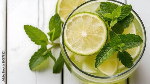 Close view at a mint and lime with cold fresh lemonade drink with slice of lime on the glass slices of lime and mint leaves on a white wooden background