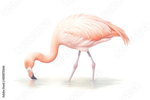 A pink flamingo is standing in a shallow pool of water, its head bent down to drink