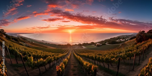 coastal vineyard with ocean in the background in ambient light photo