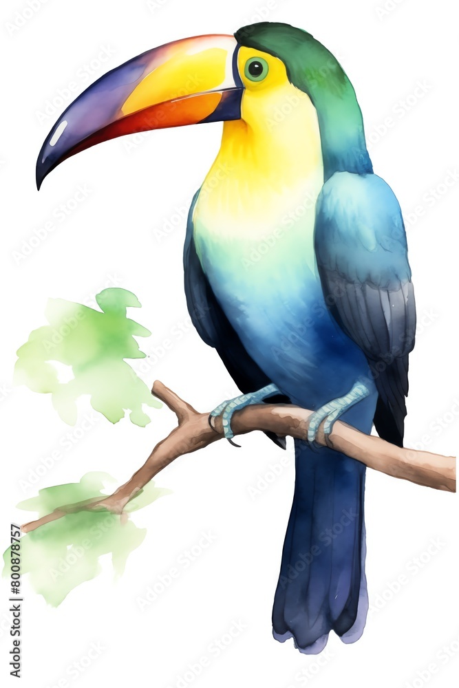 Obraz premium A vibrant watercolor painting of a toucan, perched on a branch with green leaves. The toucan has bright blue and green feathers, a yellow and orange beak, and a piercing green eye.