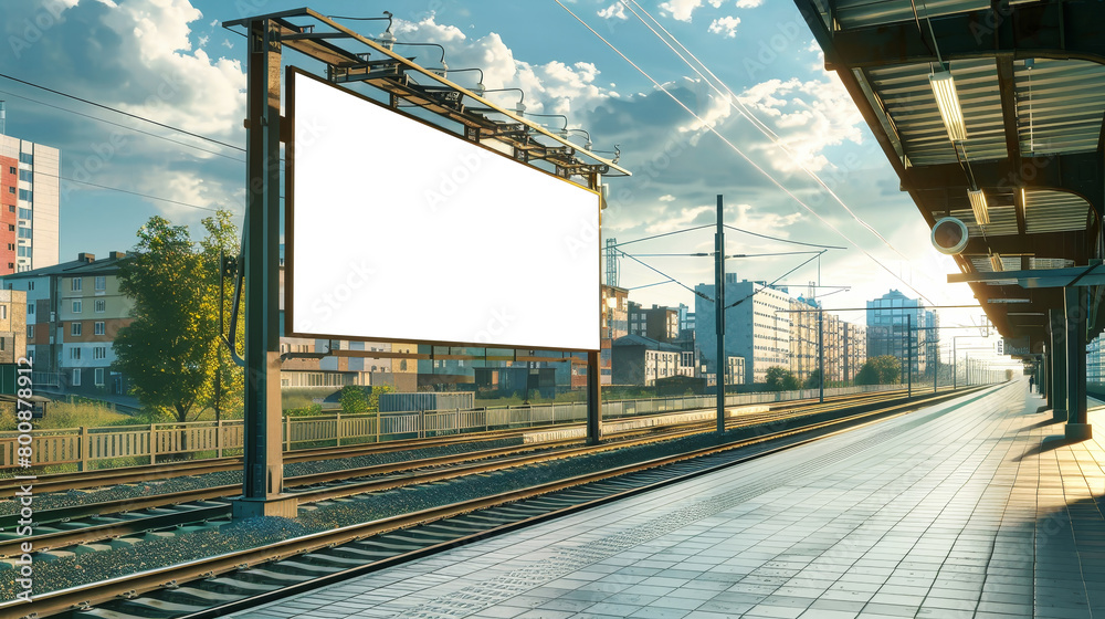 A modern city billboard stands empty along a train track, providing space for advertising mockups A modern city billboard stands empty along a train track, providing space for advertising mockups