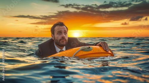 A businessman in a sleek suit lays serenely atop a boat in the vast ocean, clutching a lifebuoy for safety