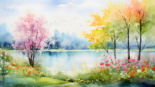 Digital watercolor lake flowers forest landscape abstract graphic poster web page PPT background