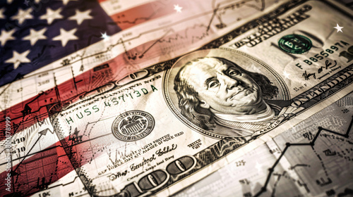 A dollar bill featuring the American flag as the backdrop, symbolizing patriotism and the countrys financial strength