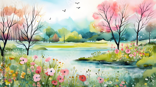 Fototapeta Naklejka Na Ścianę i Meble -  Digital watercolor lake flowers forest landscape abstract graphic poster web page PPT background