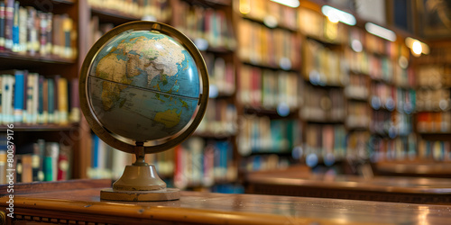 globe in a library with a map Old geographical globe and old book in cabinet with bookshelves Science education library blur background