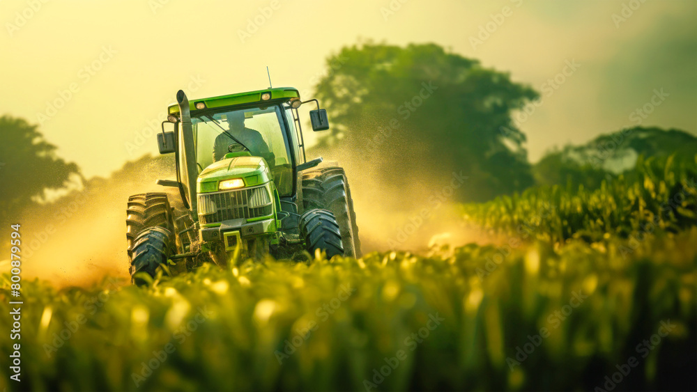 A powerful tractor plowing through a lush field of grass, leaving a trail of flattened vegetation in its wake A powerful tractor plowing through a lush field of grass, leaving a trail of flattened vegetation in its wake
