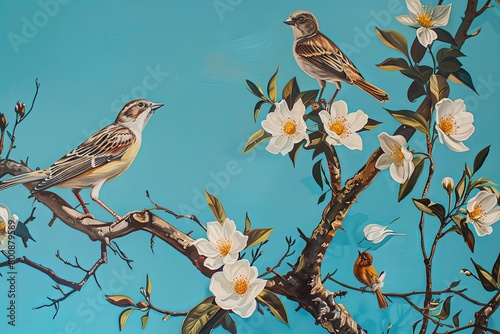Blue Background Birds and White Flowers - Nature-Inspired Vertical Oil Painting for Interior Design