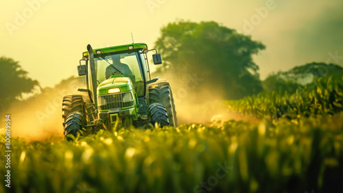 A powerful tractor plowing through a lush field of grass, leaving a trail of flattened vegetation in its wake photo
