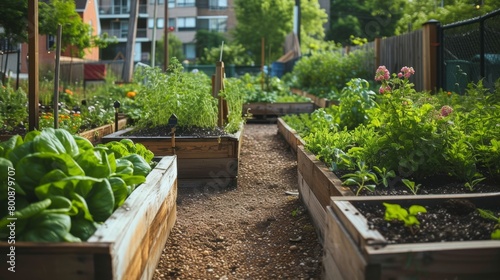 Sunlit community garden with a variety of plants and vegetables  inviting natural exploration.