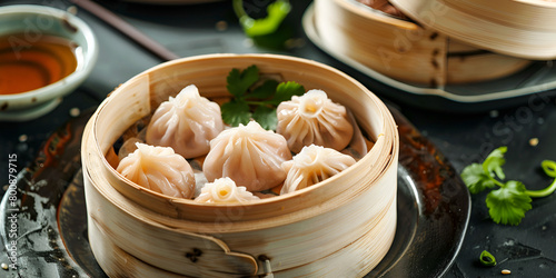 chicken Assorted steamed sump lings Shrimp Dumplings Xiao Long Tang Bao Beef Soup Bun with black background photo