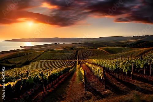 coastal vineyard with ocean in the background in ambient light