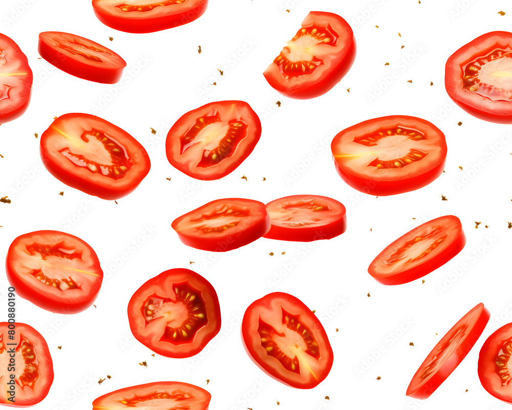 Sliced ripe tomatoes and parsley leaves in a random pattern, floating against a pure transparent background. Generative AI